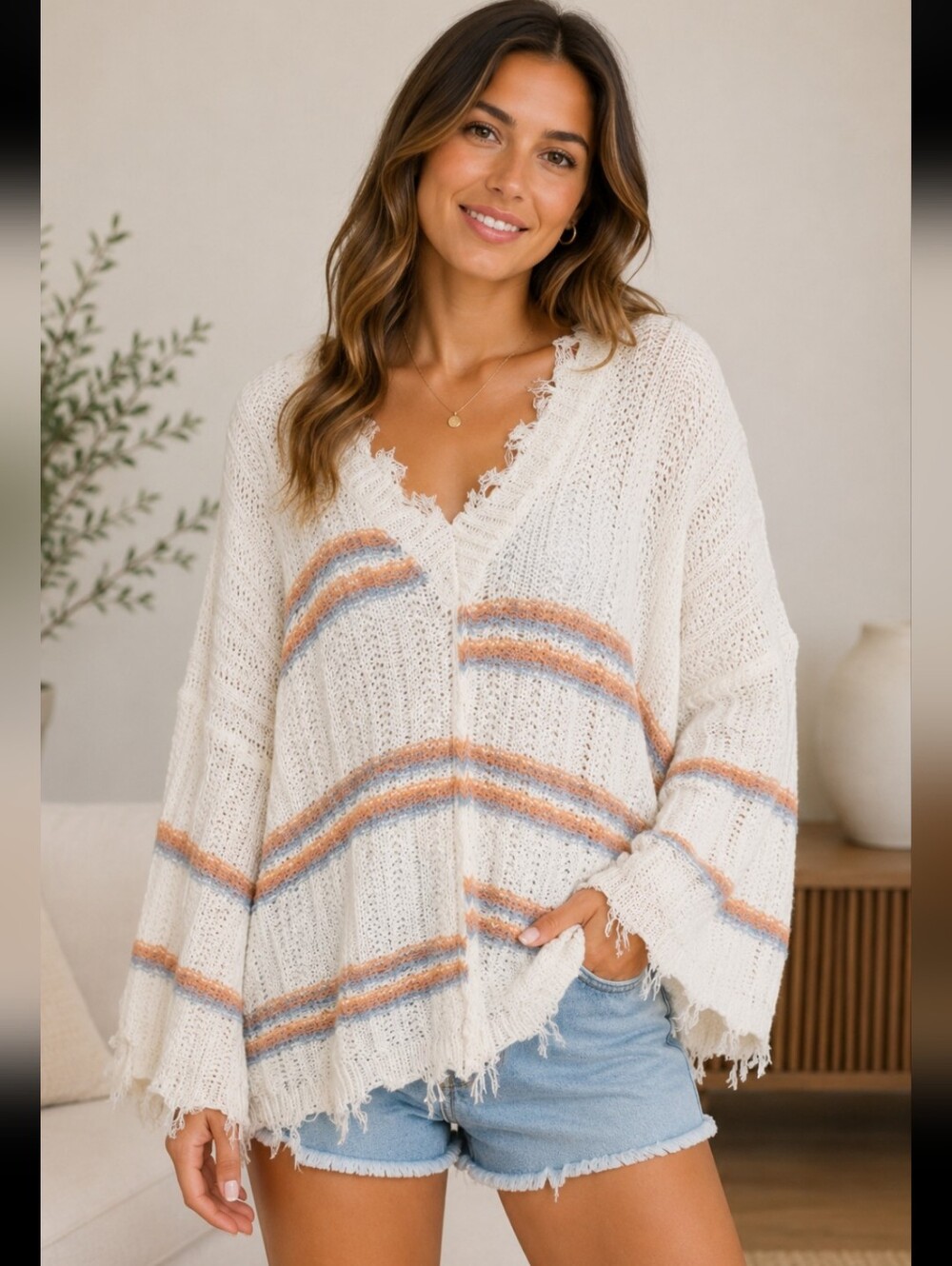 POL Frayed Hem Sweater Sz L Layering Grunge Ivory Boho Pastel Rainbow